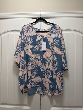 Adrienne Blue Tunic with Blush Palm Print